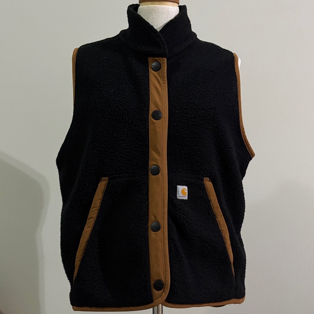 Women’s Carhartt Black Fleece Vest with Brown Trim Large